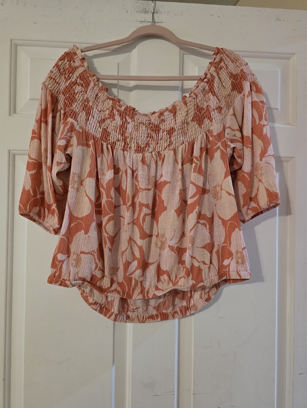 Torrid Smocked Off-Shoulder Floral Blouse in Coral and Cream - Picture 3 of 4